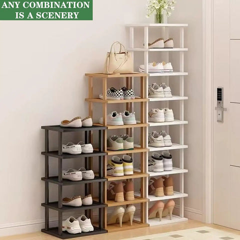 5 Tier Bamboo Shoe Rack Space Saver Vertical Organizer For Tight Spots In Small Spaces shown with shoes in entryway