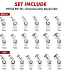 Built Tough 19 Piece Quarter Inch Drive Universal Joint Socket Set With Flex Wobble Sockets For Tight Spots Metric Five To Fifteen Millimeter And SAE Three Sixteenths To Nine Sixteenths Six Point Chrome Vanadium, metric and SAE sizes shown