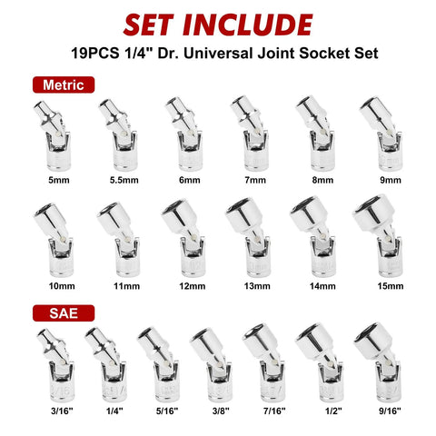 Built Tough 19 Piece Quarter Inch Drive Universal Joint Socket Set With Flex Wobble Sockets For Tight Spots Metric Five To Fifteen Millimeter And SAE Three Sixteenths To Nine Sixteenths Six Point Chrome Vanadium, metric and SAE sizes shown