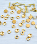 16 Pack Sweet Looking Brass Decorative Screw Caps And Covers Half Inch Vintage Hardware Finishers For Furniture Mounting showing matte gold caps and screws.