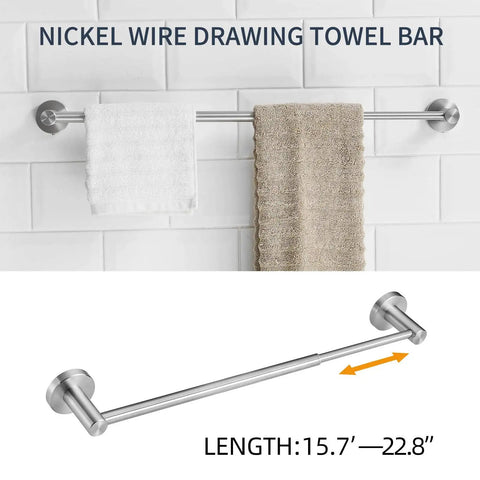 Expandable Stainless Steel Towel Bar No-Fuss Adjustable 15.2 To 27.8 Inch Wall Mount Rack With Screws Rustproof SUS304 Brushed Nickel