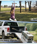Zipline Tensioning Kit With Cable Winch And Grip, Heavy Duty Steel Wire Puller With Two Hooks For Three Sixteen To One Half Inch Cable shown in backyard use and in truck bed.