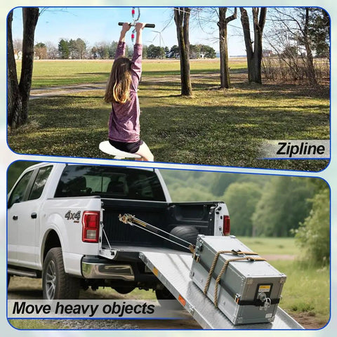 Zipline Tensioning Kit With Cable Winch And Grip, Heavy Duty Steel Wire Puller With Two Hooks For Three Sixteen To One Half Inch Cable shown in backyard use and in truck bed.