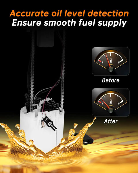 Plug And Play Electric Fuel Pump Module Assembly For 2009 2010 2011 2012 2013 Chevy Silverado 1500 And GMC Sierra 1500 V8 4 8L 5 3L 6 2L Also Fits 2009 Silverado 6 0L And 2012 Yukon XL 1500 V8 6 2L Replacement OE E3817M SP6627M, showing accurate fuel level detection graphic.
