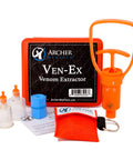 Ven Ex Snake Bite Kit And Bee Sting Kit with Portable Venom Extractor and Tourniquet displayed with CPR face shield and suction cups