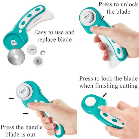 Headley Tools turquoise 45mm rotary cutter set with 5 extra blades, cutting mat, ruler and sewing clips