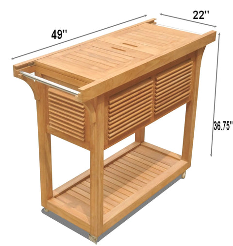 Solvang Teak Bar Cart With Extendable Beverage Tub And Locking Wheels For Outdoor Patio Entertaining, teak wood frame