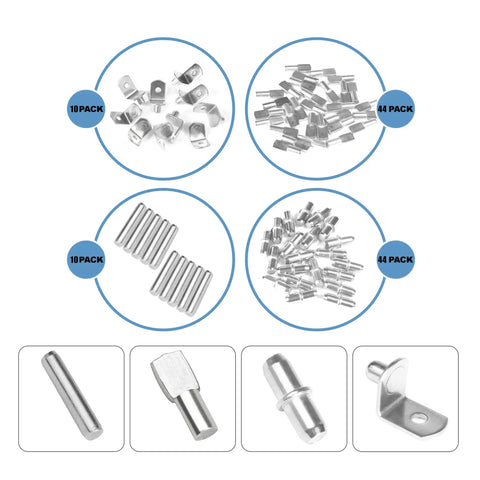 Rock Solid 108 Piece Shelf Pins Kit Featuring Premium Nickel Plated Steel Cabinet Pegs in 10 and 44 pack assortments.
