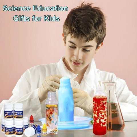 Child experimenting with Hands On Science Lab Kit For Kids With 72 Plus Experiments Including Erupting Volcano Rainbow Rain And Artificial Snow Balloon Rocket And More Kid Friendly STEM Toy For Boys And Girls