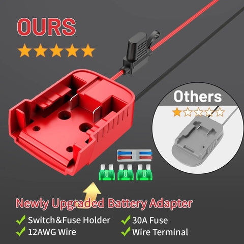 Milwaukee 18V Battery Power Wheel Adapter Kit Two Pack with switch, fuse holder, wire terminals, and 12AWG wire for RCs.