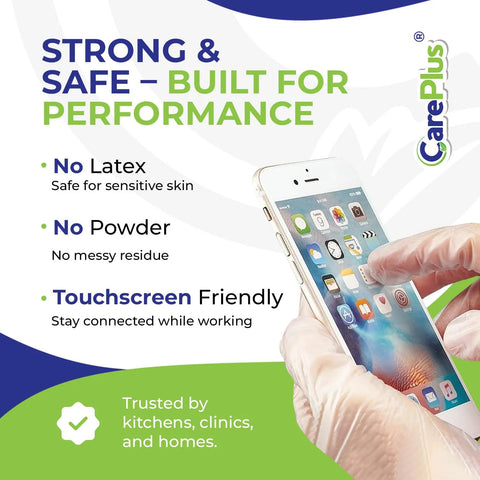 Care Plus latex-free vinyl gloves, clear, large size, 100-count, touchscreen-friendly
