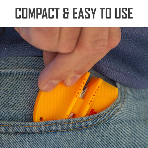 Yellow Two Step Knife Sharpener With Coarse And Fine Slots being placed in a jeans pocket, compact and portable design