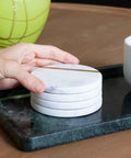 Dope White Marble Coasters Set Of 6 With Gold Brass Inlay for Luxury Aesthetic Modern Coffee Table Decor on a tray