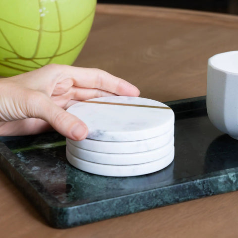 Dope White Marble Coasters Set Of 6 With Gold Brass Inlay for Luxury Aesthetic Modern Coffee Table Decor on a tray