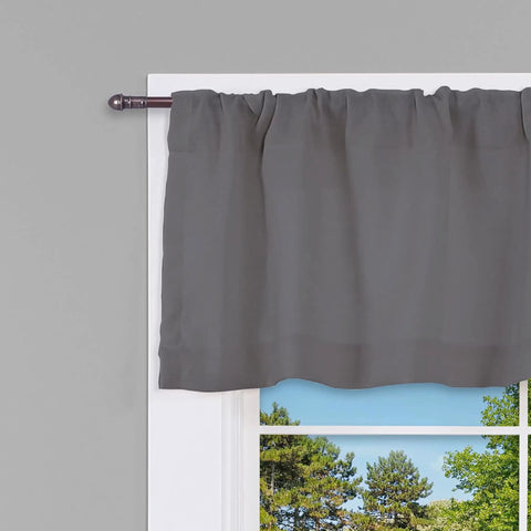 Adjustable Petite Bronze Cafe Curtain Rod Set Two Pack Built For Small Windows 28 To 48 Inches Lightweight Seven Sixteenth Inch Diameter Easy Install For Cafe Curtains Valances And Tiers installed with gray valance.