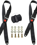 Universal Golf Cart Seat Belt Kit Front And Rear Lap Strap Belts For EZGO Yamaha Club Car Go Kart UTV Safe Passenger Belts Includes A Pair Bolts Not Included, showing black seat belts and installation hardware.
