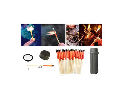 Windproof And Waterproof Storm Matches In A Durable Waterproof Case With Wax Rope for fire starting, shown with container and lit match