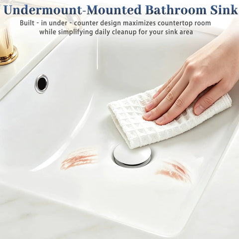 IBVIVIC Undermount Bathroom Sink, 14.4x12.7 Inch White Rectangle Porcelain Ceramic Vessel Sink, Deep Basin with Overflow - Under Counter Lavatory Vanity Sink for Home & Hotel, cleaning sink with towel.