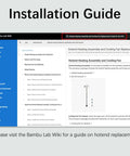 Installation guide showing steps for Hotend Heating Assembly Kit For Bambu Lab 3D Printers with Plug-And-Play Hotend setup.