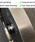 Close-up of Eight Inch CBN Grinding Wheel 180 Grit Aluminum Body Built For Sharpening High Speed Steel Tools And Woodturning Tools