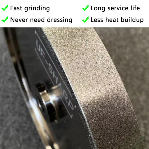 Close-up of Eight Inch CBN Grinding Wheel 180 Grit Aluminum Body Built For Sharpening High Speed Steel Tools And Woodturning Tools