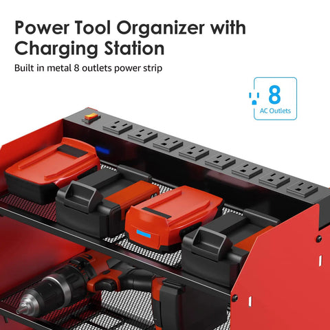 Heavy Duty Wall Mount Power Tool Organizer With Charging Station, Drill Storage Shelf, Battery Holder, 8 Outlet Power Strip