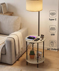 Space Saving Floor Lamp With Built In Round Table And USB Type C And USB A Charging Ports 9W LED Bulb Nightstand For Bedroom and Living Room White Ideal For Cozy Corners And Small Spaces next to sofa