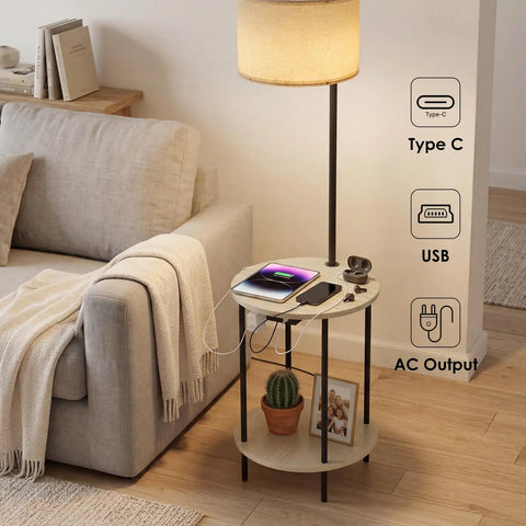 Space Saving Floor Lamp With Built In Round Table And USB Type C And USB A Charging Ports 9W LED Bulb Nightstand For Bedroom and Living Room White Ideal For Cozy Corners And Small Spaces next to sofa