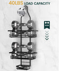 Must Have Overhead Shower Organizer With Adjustable Height Rustproof Caddy With Hooks And Soap Holder Extended Length Large Capacity Anti Swing Design Black Finish Easy Install For A Neat Tidy Bathroom Space with dumbbells showcasing strength on installed view in bathroom