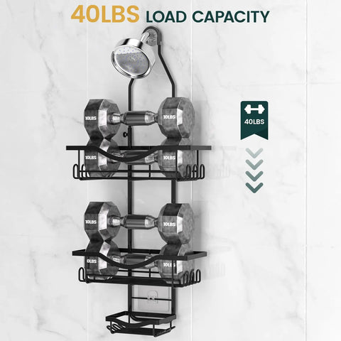 Must Have Overhead Shower Organizer With Adjustable Height Rustproof Caddy With Hooks And Soap Holder Extended Length Large Capacity Anti Swing Design Black Finish Easy Install For A Neat Tidy Bathroom Space with dumbbells showcasing strength on installed view in bathroom