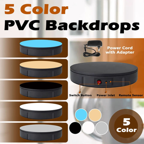 Prolee 12 Inch Electric Rotating Turntable 360 Degree Motorized Display Stand With Remote Control includes 5 PVC color backdrops.