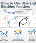 Blue light blocking readers in multiple colors, highlighting eyewear benefits like UV protection and scratch resistance.
