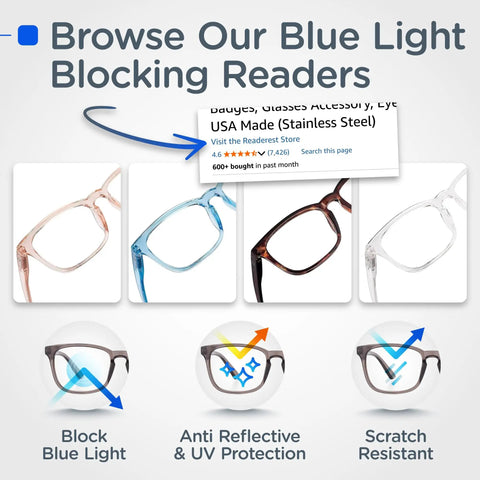 Blue light blocking readers in multiple colors, highlighting eyewear benefits like UV protection and scratch resistance.