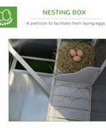 Outdoor Chicken Coop With Run And Nesting Box, Waterproof Roof, removable tray and roosting bar showing nesting box with eggs