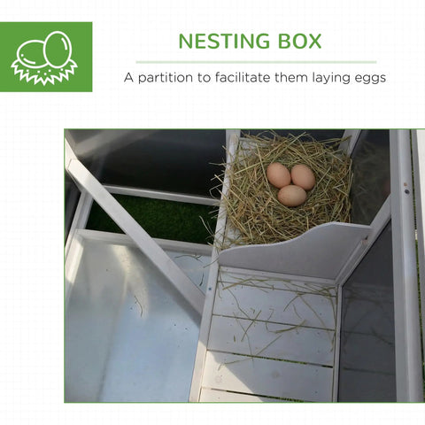 Outdoor Chicken Coop With Run And Nesting Box, Waterproof Roof, removable tray and roosting bar showing nesting box with eggs