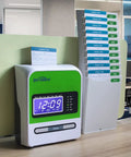 No Sweat Real Deal Employee Thermal Time Clock For Small Business Automatic Punch Terminal displaying time with thermal card holder.