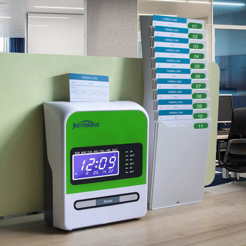No Sweat Real Deal Employee Thermal Time Clock For Small Business Automatic Punch Terminal displaying time with thermal card holder.