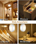 Image shows Led Puck Lights With Remote Control No Wires Needed Stick On Under Cabinet Lights AAA Battery Powered on showcase, drawer, wardrobe, and bedroom wall.