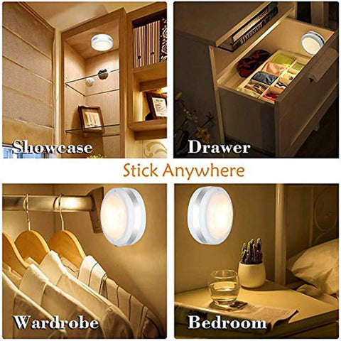 Image shows Led Puck Lights With Remote Control No Wires Needed Stick On Under Cabinet Lights AAA Battery Powered on showcase, drawer, wardrobe, and bedroom wall.