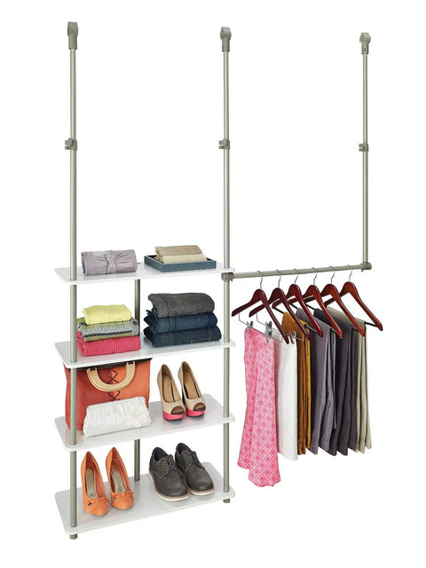 Maximizer Closet Organizer Add On Unit With Four Shelves And Double Hang Rod, Tool Free White for 4 Ft and Wider Closets