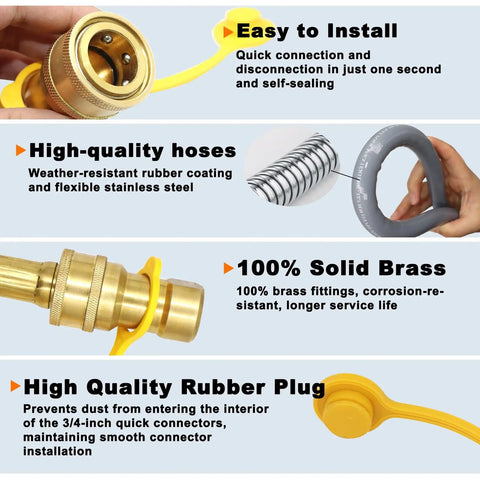 12 Feet Half Inch ID Natural Gas Hose With Quick Disconnect For BBQ Grills Pizza Ovens Patio Heaters And More Propane To Natural Gas Conversion Kit CSA Certified, close-up of brass connectors and rubber hose features.