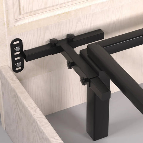 Universal Adjustable Headboard Brackets For Heavy Duty Steel Metal Bed Frame Extension Kit with movable design, attached to bed frame.