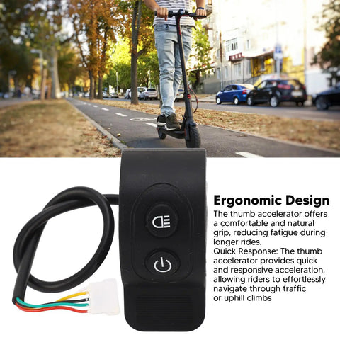 Electric Scooter Thumb Throttle Wireless Ready Compatible Accelerator Switch with Ultra Sensitive Speed Control and Textured Grip ABS Replacement Part shown against a street background with person riding a scooter.