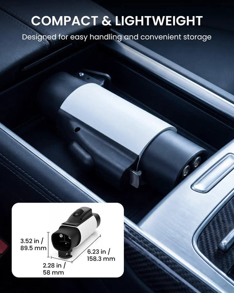 No Sweat Charging Adapter Converts Nacs To Gbt Port for EVs, compact size in vehicle's center console, easy storage.
