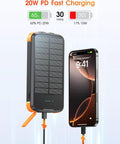 Solar Charger Power Bank 40000mAh With PD 20W Fast Charging Built In 4 Cables Dual Bright Flashlights IP67 Waterproof Outdoor Phone Charger For Camping Hiking And All Day Adventures charging a smartphone