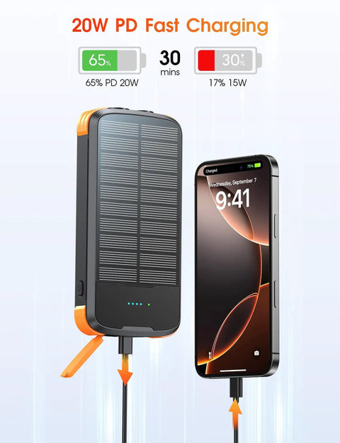 Solar Charger Power Bank 40000mAh With PD 20W Fast Charging Built In 4 Cables Dual Bright Flashlights IP67 Waterproof Outdoor Phone Charger For Camping Hiking And All Day Adventures charging a smartphone