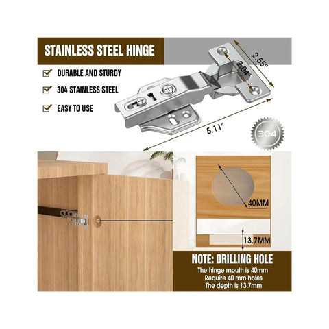 Stainless steel hinge diagram showing dimensions and installation details for 304 stainless steel cabinet hinge.