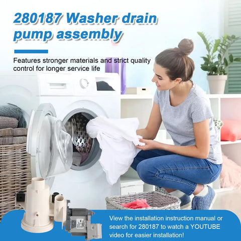 No Fuss Front Load Washer Drain Pump Filter Assembly Replacing Part 280187 And 8181684 Smooth Swap For Whirlpool Maytag Kenmore, featuring a woman loading laundry.