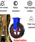 Set Of 2 Heavy Duty Solid Rubber Wheels With Puncture Proof Coating And 360 Degree Swivel For Toolboxes and Gear Haulers Built Different With Rock Solid Steel Cores That Roll Quiet And Stress Free All Day Long showing a solid rubber wheel with blue mount.