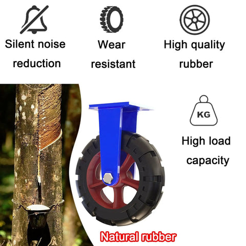 Set Of 2 Heavy Duty Solid Rubber Wheels With Puncture Proof Coating And 360 Degree Swivel For Toolboxes and Gear Haulers Built Different With Rock Solid Steel Cores That Roll Quiet And Stress Free All Day Long showing a solid rubber wheel with blue mount.